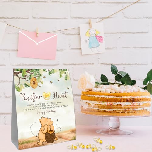 Image of Winnie Mini Pacifiers Baby Shower Game, Pacifiers Hunt Sign, Classic Pooh Baby Shower Game Set, 50Pcs Yellow Mini Pacifiers Decor for Baby Shower, Baby Shower Game Supplies
