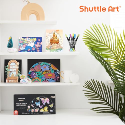 Image of Shuttle Art 28 Metallic Colors Dual Tip Acrylic Paint Markers, Dot Tip and Fine Tip Acrylic Paint Pens for Rock, Ceramic, Wood, Canvas, Plastic, Glass, Stone, Calligraphy, Card, DIY Football Crafts