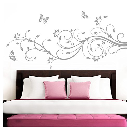 Grandora Wandtattoo XXL Blumenranken Schmetterlinge Blumen I Silbergrau (BxH) 90 x 39 cm I Schlafzimmer Liebe Flur Wohnzimmer modern Aufkleber Wandaufkleber W1073
