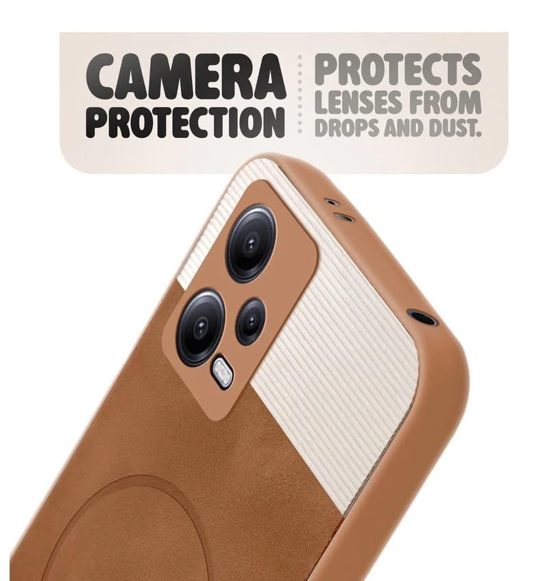 Image of Bintage CASE Mac Safe Design Hard Light Weight Back Case | Soft Border Camera Protect | Dual PU Leather Finish Back Cover Compatible for Redmi Note 12 5G - White & Brown