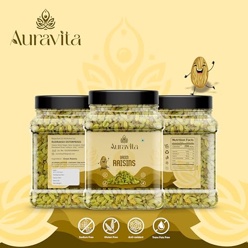 Image of Auravita Healthy Green Raisins 500gm | 100% Natural Dried Grapes (Kishmish) | Nutritious, Delicious & Healthy Snack | Source of Fibre in Nuts | No Preservatives in Dry Fruit