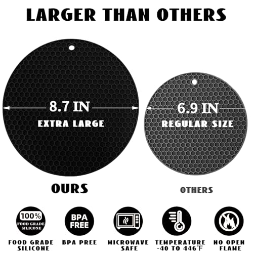 Image of 4 Pack Silicone Trivet Mats, 9 Inch Flexible Heat Resistant Silicone Hot Pads Pot Holders for Kitchen Counter, Round Trivets for Hot Dishes - Potholders Jar Opener(Black)