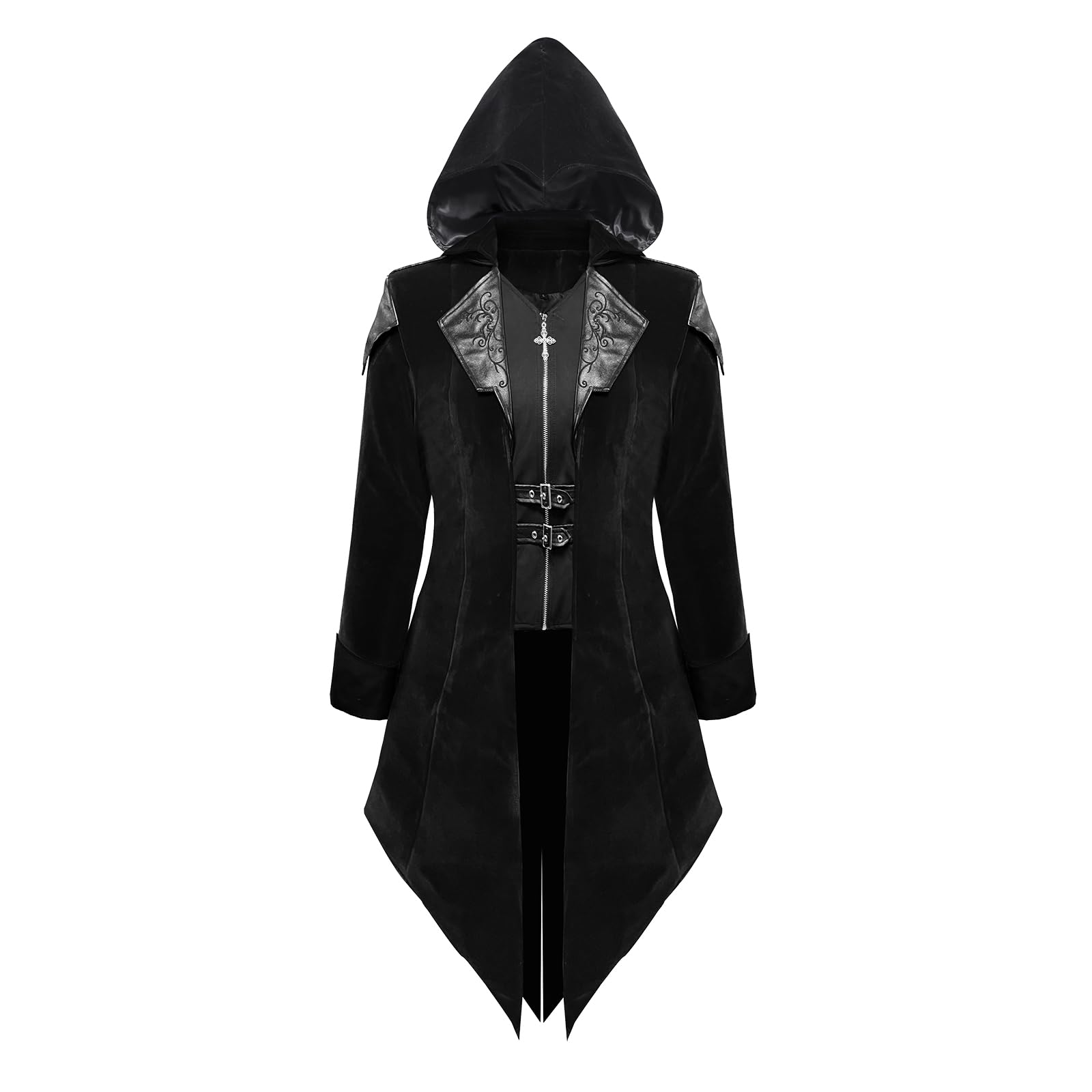 ZNZHKR Men's Gothic Steampunk Coat | Medieval Vampire Jacket w/Velvet Trim Renaissance Pirate Trench Cosplay