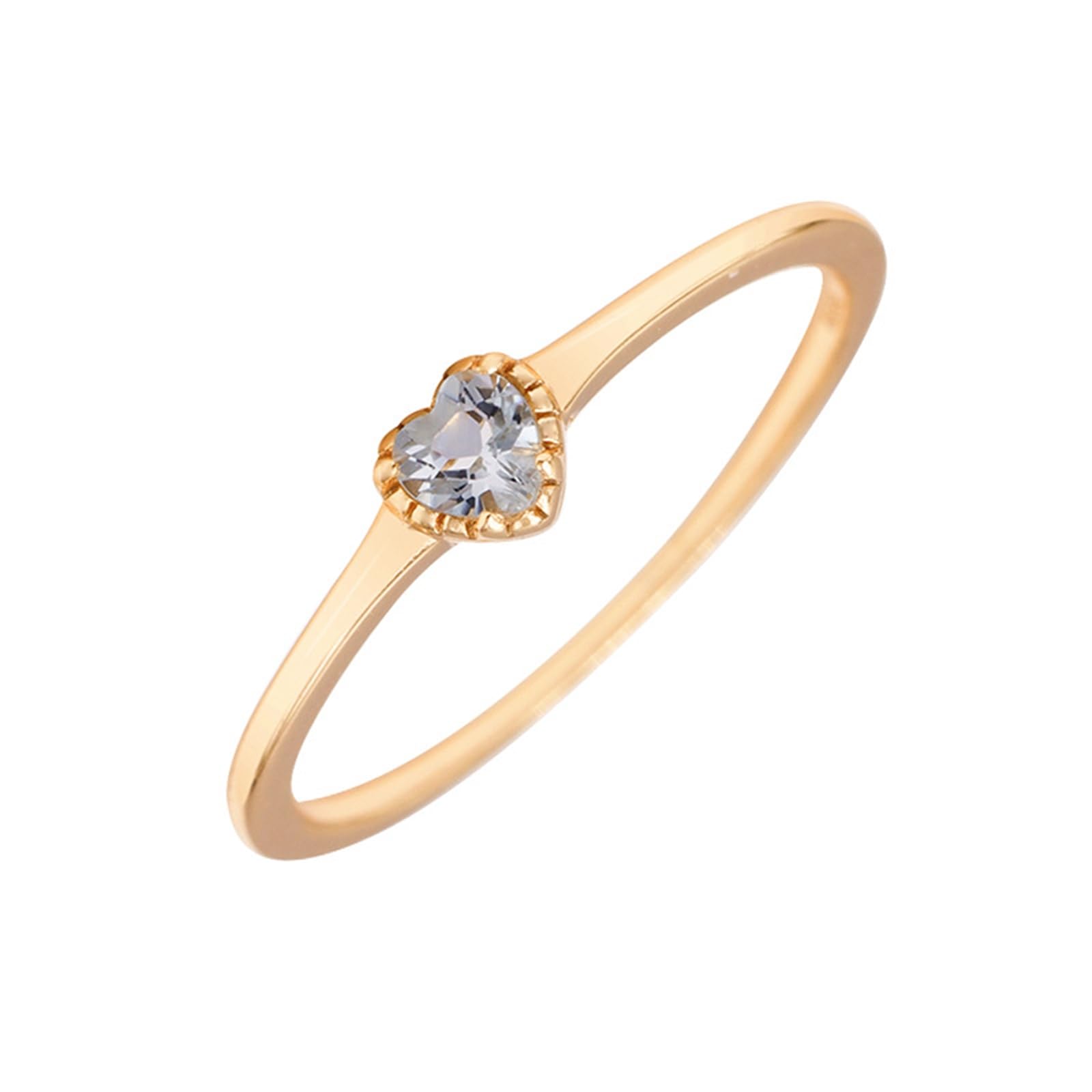 Anillo apilable fino de oro de 9 K/14 K/18 K, para mujer, corazón aguamarina, aguamarina, oro auténtico