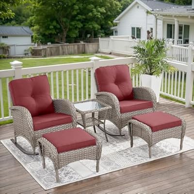 5 Piece Patio Rocking Chairs Furniture Set - Outdoor Wicker Furniture with Ottomans and Side Table, Rattan Conversation Bistro Set for Porch Balcony Backyard