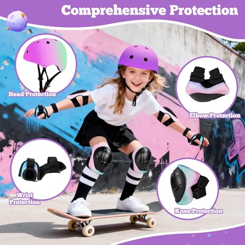 Image of Kids Bike Helmet Set Adjustable for Children, Boys, Girls and Teenagers Aged 3-14 Years Includes Elbow, Knee, Wrist Guards Children's Helmet Protection Set for Bikes SkateboardsRollerskates