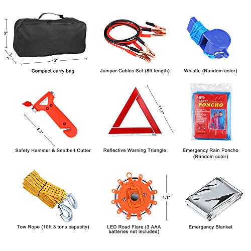 Electop Car Roadside Emergency Kit 66 Pieces-In-1 Auto Vehicle Safety Emergency Road Side Assistance Kits With Jumper Cables,Led Road Flare Warning Light,Tow Rope,Triangle,Tire Pressure Gauge, Ect #TOP1