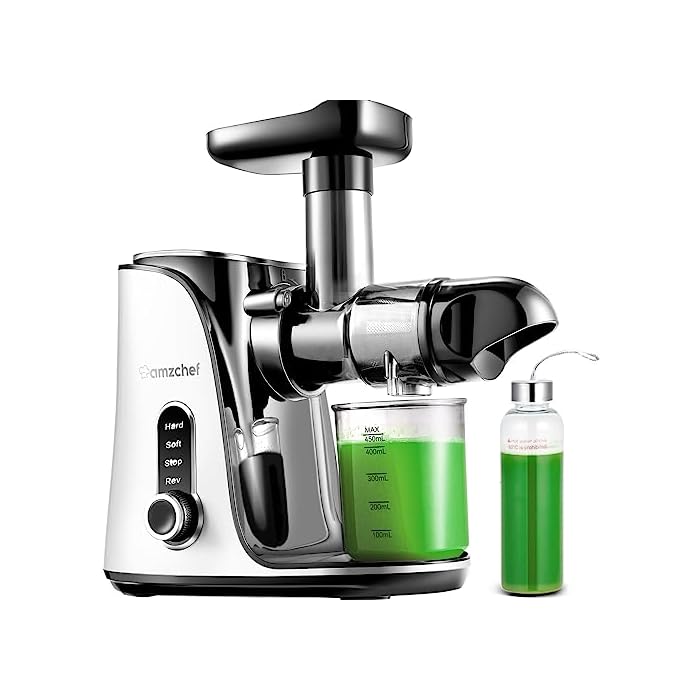 Juicer Machines,AMZCHEF Slow Masticating Juicer Extractor, Cold Press Juicer with Two Speed Modes, Travel bottle(500ML),LED display, Easy to Clean Brush & Quiet Motor for Vegetables&Fruits,Pear White