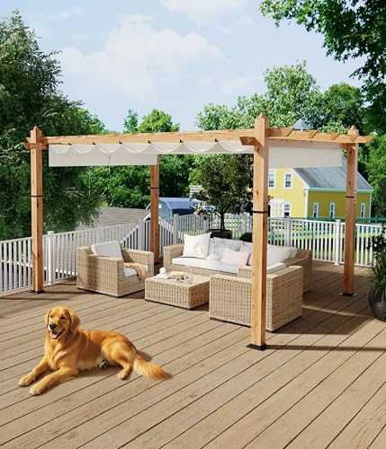 GarveeLife 10 x 13 ft Wood-Grain Aluminum Pergola Outdoor Pergola with Retractable Canopy Sun Shade...