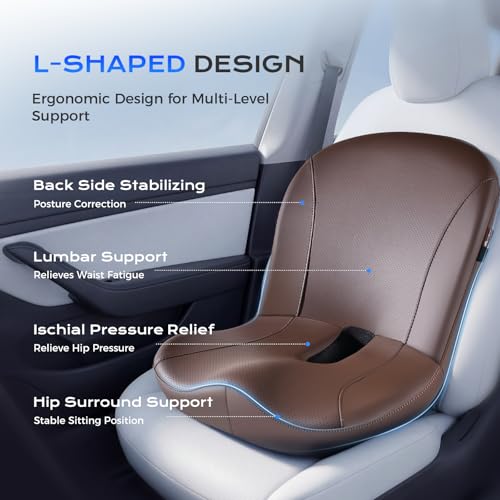 Image of Coverado Car Seat Cushion and Lumbar Support Pillow One Piece, Napa Leather Memory Foam Ergonomic Back Support Driving Seat Cushion for Back Pain, Non-Slip Washable Cushion for Car, Driver, Office