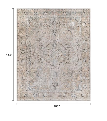 Image of Kemer Collection Machine Washable Area Rug for Living Room Bedroom - Vintage Distressed Faded - Traditional Boho Bohemian Farmhouse Bordered Carpet - Pet Friendly-Brown,Burnt Orange,Beige - 8'10 inchx12'