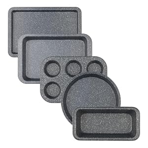 Salter Megastone 5pc Bakeware Set – 6-Cup Muffin Tray, 24cm Round Cake Tin, 27cm Loaf Pan, 37cm Baking Sheet & 36cm Roaster, Non-Stick Carbon Steel, PFOA-Free, Oven Safe Up to 220°C, Easy Clean