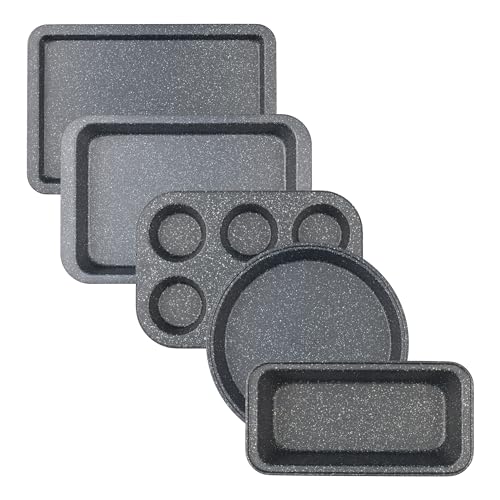 Salter Megastone 5pc Bakeware Set – 6-Cup Muffin Tray, 24cm Round Cake Tin, 27cm Loaf Pan, 37cm Baking Sheet & 36cm Roaster, Non-Stick Carbon Steel, PFOA-Free, Oven Safe Up to 220°C, Easy Clean