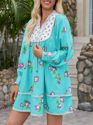Image of Wenrine Womens Casual Floral Mini Dress Fall Long Sleeve V Neck Patchwork Loose Boho Shirt Dresses