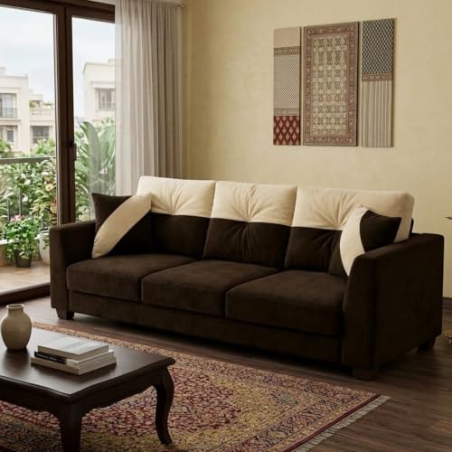 Image of Revola Plush Comfort Sofa | 3 Seater | Luxury Velvet Suede Fabric | Modern Living Room Sofa | Dark Brown - Cream