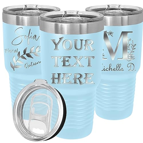iProductsUS Personalized Tumbler with Slider Lid and Straw, 30oz Insulated Stainless Steel Custom Travel Coffee Mug, Engrave Names with Unique Designs, Mothers Day Gifts for Mom (Light Blue)