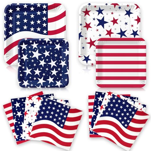 100Pcs Patriotic Party Decoration Plates Set 4th of July American Flag Disposable Paper Plates and Napkins for Independence Day Veterans Day Election Day Birthday Party Supplies (Red White Blue)