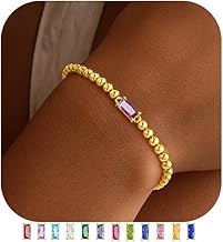Yoosteel Dainty Birthstone Bracelet for Women - Elastic 14K-Gold-Plated Bead Bracelets Trendy Friendship Birthday Jewelry Gifts Christmas Stuff for teen Girls Women