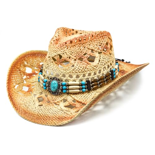 FLUFFY SENSE. Cowgirl Hats for Women Straw Cowboy Hat Western Beach Sun Hat with Shapeable Brim for Coastal Cowgirl (Sandstone Tan)