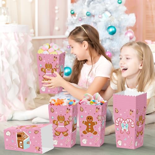 Image of K KUMEED 24 PCS Christmas Popcorn Favor Boxes,Pink Gingerbread Man Christmas Party Supplies,Cute Candy House Popcorn Bowls Popcorn Buckets Popcorn Bags for Kids Christmas Party Decorations
