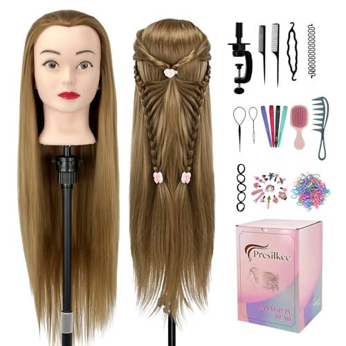 Presilkee 28 Cosmetology Mannequin Head With Hair - Doll Head For Hair Styling | Training Head For Braiding Cutting & Styling Practice | Includes Free Wig Stand & Hair Tools Set (Golden)