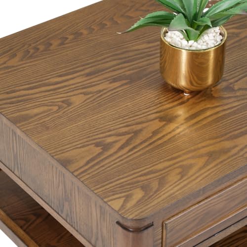 Image of Royaloak Dallas American Wooden Coffee Table | Rectangular Centre Table for Living Room with Ash Veneer Top, Pull-Out Drawers & Open Shelf | Tapered Legs, Modern Design & Durable Construction