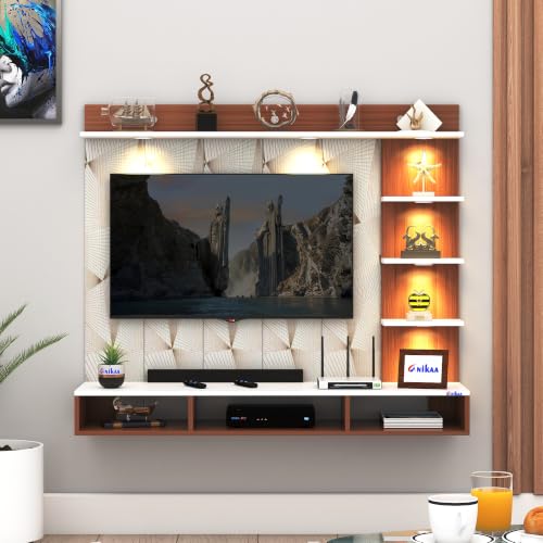 Image of Anikaa Tyron Engineered Wood Wall-Mount TV Unit with PVC Back Panel & LED Lights | TV Cabinet with Storage Box & Decorative Shelves (Walnut /White) | Ideal for TVs up to 43 Inch | DIY Installation