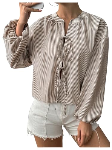 SweatyRocks Women's Striped Bow Long Sleeve Shirts Tie Front Loose Blouse Going Out Tops
