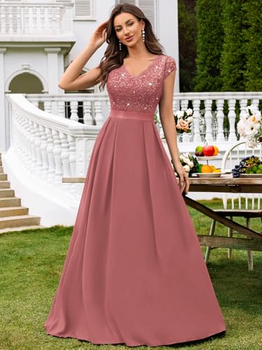 Image of Miusol Women's V-Neck Sequined Floral Lace Formal Evening Maxi Dress
