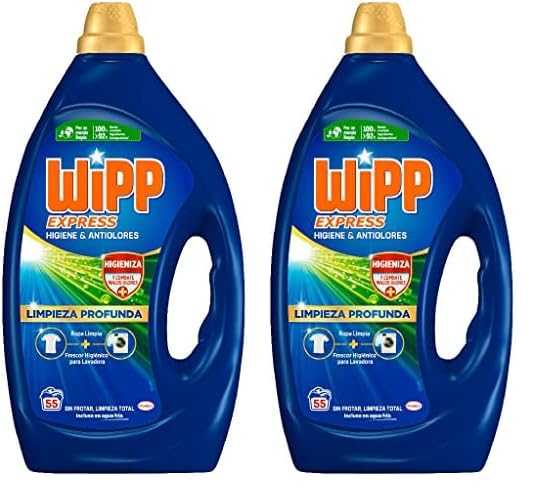 Wipp Express Limpieza Profunda Higiene y Antiolores (55 lavados), detergente líquido quitamanchas para lavadora, para coladas higiénicamente limpias (Paquete de 2)
