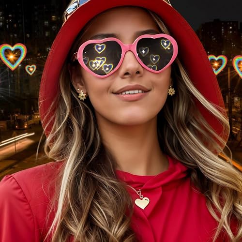 Image of Heart Diffraction Glasses - With Leather Metal Glasses Case - Heart Effect Sunglasses for Light Shows, Festivals, Fireworks (Pink)