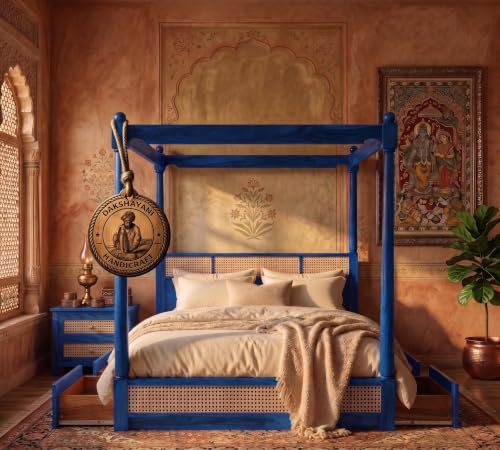 Image of Sheesham Solid Wood Allure Poster Bed for Bedroom | Handmade Wooden Cot | Elegant Four Poster King Size Bed Frame (Blue, King, Allure with Storage(Cane 2))