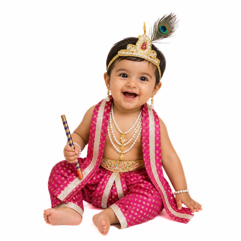 Image of Krishna Dress for Baby Boy Kids(Dhoti,Patka,Mukut,Morpankh,Bansuri,Kamarband,Bajuband,Kundal) Little Krishna Ji Kanha Janmasthmi Costume