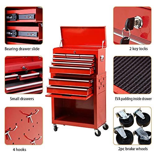8-Drawer Rolling Tool Box, Rolling Tool Chest with Drawers and Wheels, Tool Storage Cabinet with 4 Swivel Wheels (2Pcs with Brake), Keyed Locking System Tool Organizer (Red)