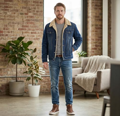 Image of HOW'ON Men's Plus Cotton Warm Fur Collar Sherpa Lined Denim Jacket Button Down Classy Casual Quilted Jeans Coats Outwear