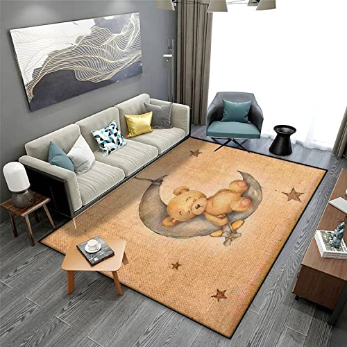 Image of MJKIODPEV Area Rugs Watercolor Hand Draw Brown Bear boy Sleeping on The Moon with Floor Carpet Soft Non-Slip Indoor/Outdoor Floor Mat for Living Room Bedroom Dorm Decor 63''×94''