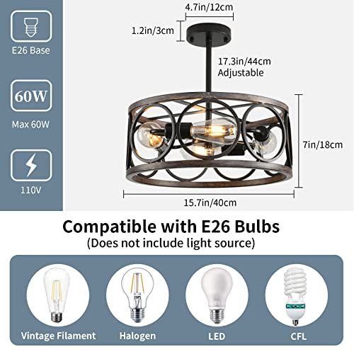 Guang Shuo Farmhouse Semi Flush Mount Ceiling Light,Adjustable Height Light Fixture Ceiling Mount,4-Light Flush Mount Rustic Drum Chandelier,Ceiling Light Fixture For Kitchen Hallway Entryway #TOP1