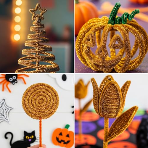 Image of Caydo 200 Pieces Glitter Golden Pipe Cleaners, Thick Fluffy Chenille Stems, Pipe Cleaner Crafts for Arts & Crafts, Perfect for Making Animals, Flowers, and Home Decorations