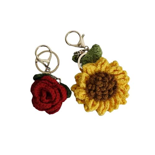 2 pieces crochet keychains, crocheted sunflower, rose