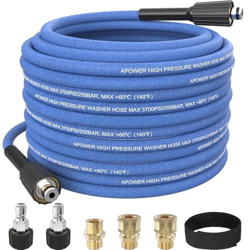APOWER Kink Resistant Pressure Washer Hose 50 FT x 1/4', Super Flexible Power Washer Hose, High Pressure Water Hose Extension Replacement Home Use with M22-14mm Brass Fittings, 3700 PSI, Light Blue
