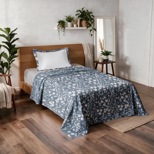 Image of Linen Home Cotton Percale Flat Bedsheet Set Single Size Blossomy Blue