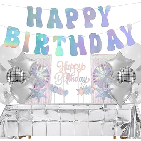 ecoZen Disco Party Decorations Set - Iridescent Party Decorations, Party Supplies with Banner, Cutlery, Cupcake Toppers, Disco Ball Balloons - Great for Birthday Party, Disco Party, Bridal Shower Cover