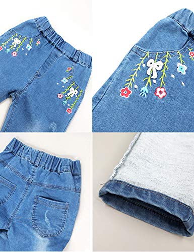 Image of Big Girls Letters Decor White Knitted Pullover Wahsed Flowers Embroidery Jeans Pants Set