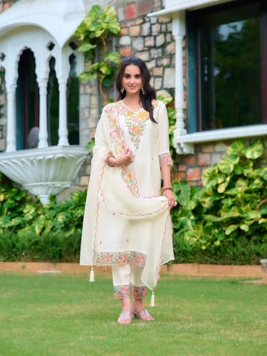 Image of NIVANA Womens Embroidered Rayon Kurta with Pant & Organza Embroidered Dupatta | Straight Fit | V-Neck | 3 /4 Sleeve | Ethnic Wear Set for Festive & Casual Occasions