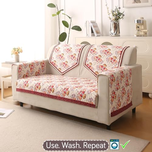 Image of HOKIPO 'Florentina Series' Premium Holland Velvet Sofa Cover Mat for 2 Seater Sofa with Foam Filling for Extra Softness, Anti-Slip Backing, Autumn Cream (IN-879-V3)