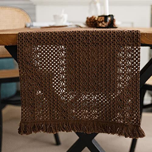 Chemin de table à franges tissé main en coton lin marron pour table chic
