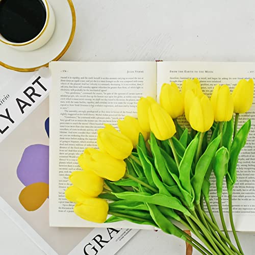 Image of ONLY ART Artificial Yellow Tulips 20 Pcs - 13.5 Inch PU Faux Flowers with Bendable Stems for Home Decor, Wedding Centerpieces, DIY Floral Arrangements, New Year and Valentine's Day