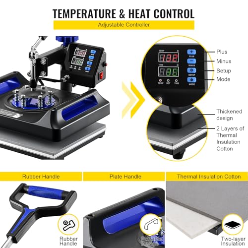 Image of VEVOR Heat Press Machine 12 x 15 Inch 8 in 1 Heat Press Sublimation Machine 360 Rotation Swing Away 8 in 1 Shirt Printing Machine Dual-Tube Heating for DIY T-Shirts Cap & Mugs Blue