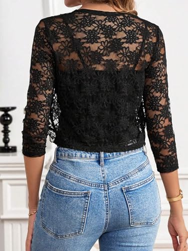 Urchics Womens Open Front Lace Shrug Top 3/4 Sleeve Cropped Cardigan Elegant Jacket Bolero Shrugs Black Lace XL2