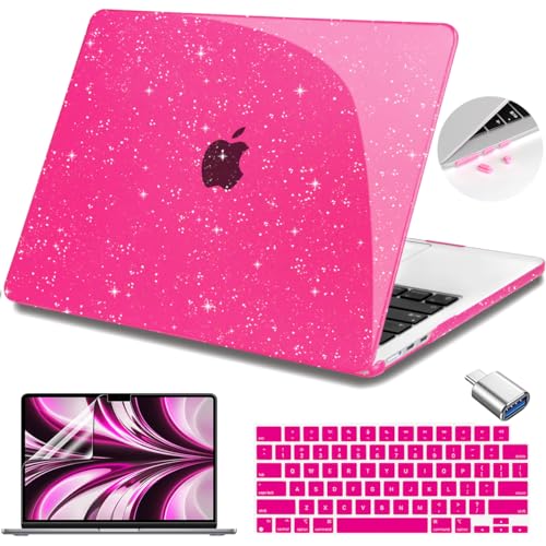 Teryeefi Glitter Case for MacBook Air 13 Inch M5 M4 M3 M2 Chip Release 2022-2024 2025 2026 fits Model A2681/A3113/A3240/A3449, Hard Shell Case & Keyboard Cover for MacBook Air 13.6, Sparkly Rose Pink